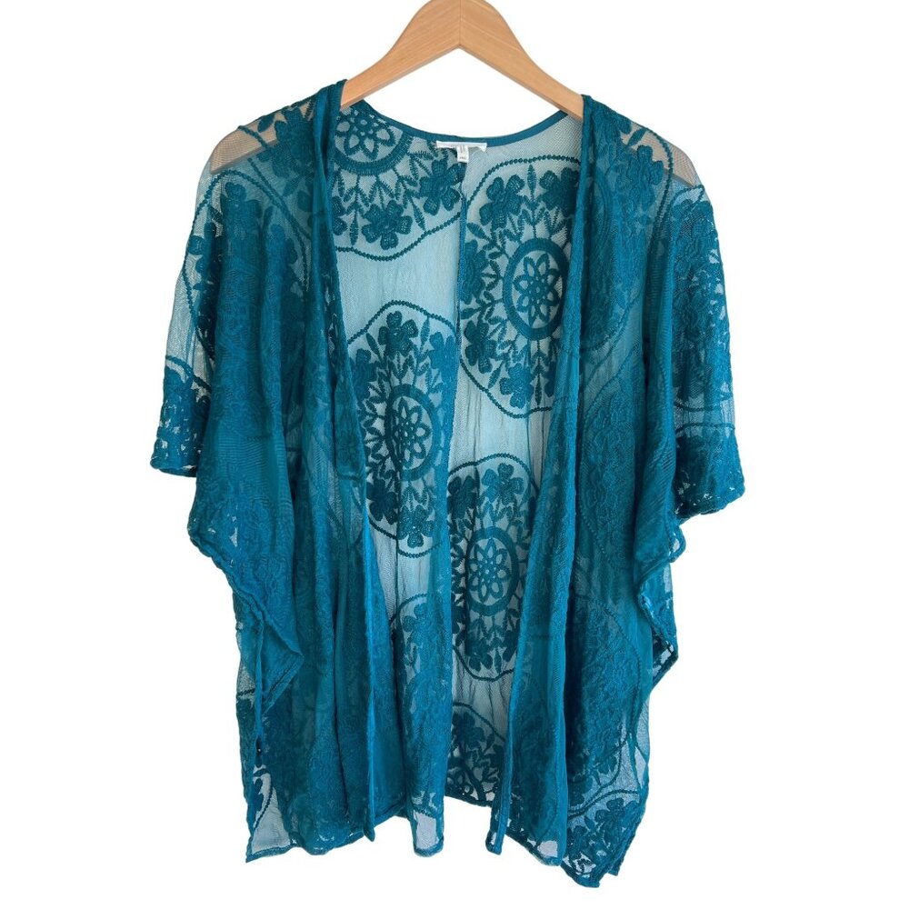 Maurices sheer embroidered‎ cardigan teal One Size M/L/XL/1X